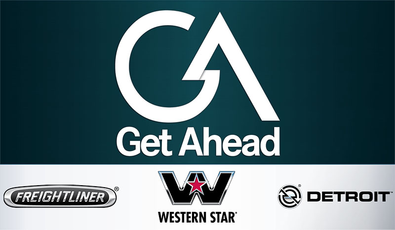 The logo of the Daimler Get Ahead program above the logos of the Freightliner, Western Star and Detroit brands.
